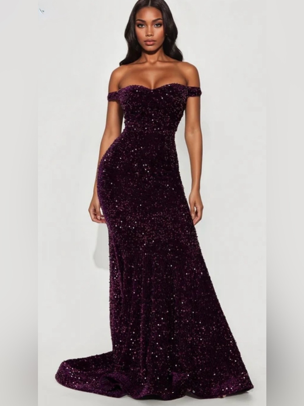 Never Worn - Off-Shoulder Sequin Gown in Plum - Alora Sequin Maxi Size CL